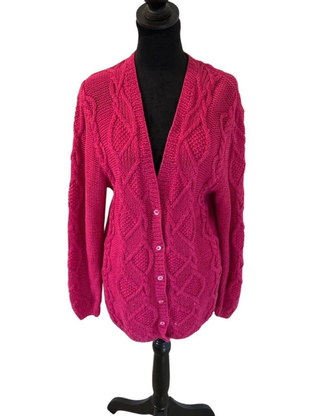 Vintage Lauren Hansen Size S Hand Knit Raspberry Pink Cable Knit Cardigan Cozy - Picture 2 of 16